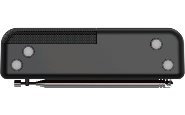 Schwarzes, rechteckiges Objekt mit abgerundeten Ecken, glatter Oberfläche, texturiertem Bereich oben links, jeweils zwei runden Vertiefungen links und rechts und sichtbarem Metallscharnier unten