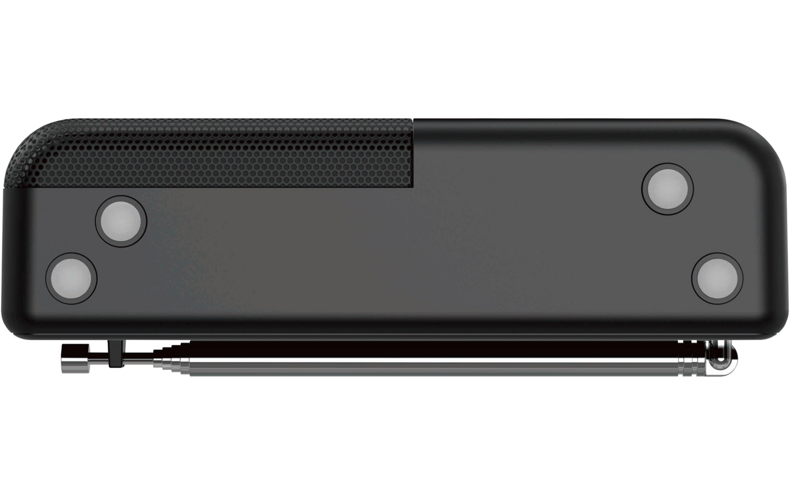 Schwarzes, rechteckiges Objekt mit abgerundeten Ecken, glatter Oberfläche, texturiertem Bereich oben links, jeweils zwei runden Vertiefungen links und rechts und sichtbarem Metallscharnier unten