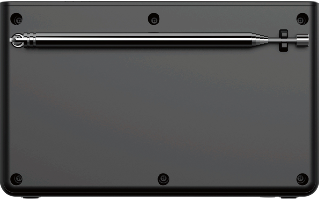 Schwarzes rechteckiges Gehäuse mit abgerundeten Ecken, mehrere runde Schrauben sichtbar; oben horizontal ein dünner metallischer Stift in einer Halterung, rechts davon ein kleiner quadratischer Ausschnitt