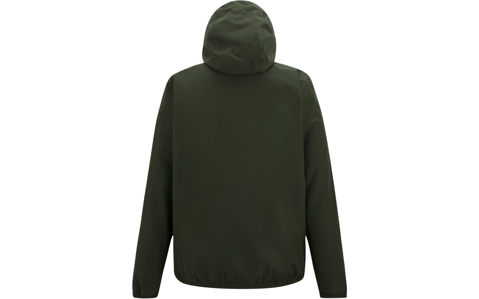 Rückenansicht einer dunkelgrünen Kapuzenjacke auf weißem Hintergrund
