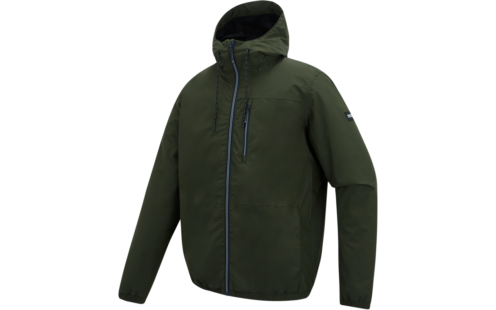 Olivgrüne Kapuzenjacke mit durchgehendem Reißverschluss, senkrechter Brusttasche mit Reißverschluss, Kordelzug an der Kapuze und langen Ärmeln