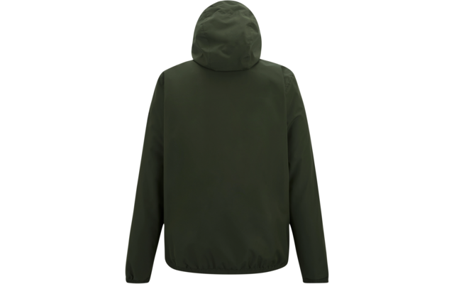 Rückenansicht einer dunkelgrünen Kapuzenjacke auf weißem Hintergrund