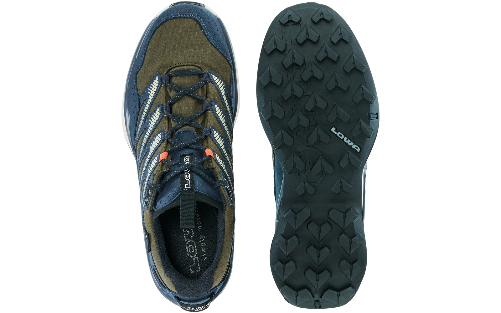 Schuh von oben (Oberseite mit Schnürsenkeln) und die Sohle desselben Schuhs von unten; Obermaterial blau und olivgrün, weiße Zierstreifen, orangefarbene Akzente, schwarze Profilsohle mit LOWA-Logo