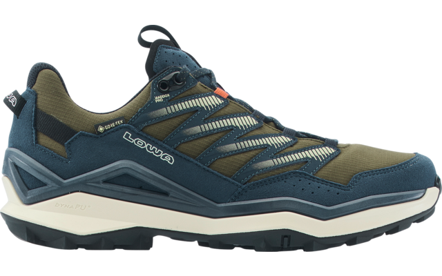 Side view of a blue and olive-green shoe with laces, textured rubber sole and white LOWA logo on the side