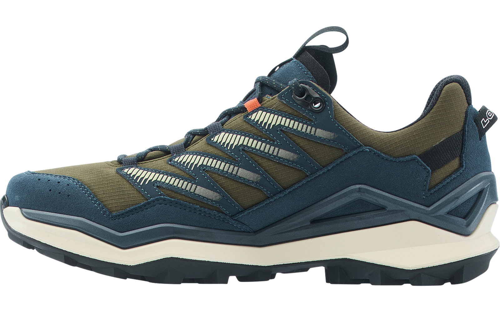 Side view of a single dark blue and olive green lace-up shoe with a light beige midsole, black outsole, visible overlays, textile and synthetic materials, laces and heel pull tab