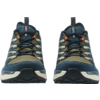 Two blue and olive-green shoes, front view, black laces with orange eyelets, white midsoles and black treaded outsoles