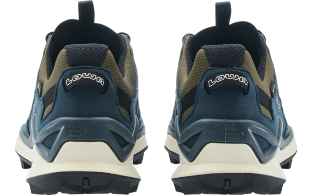 Rear view of two blue and olive-green shoes side by side on a white background, "LOWA" logo on the heels