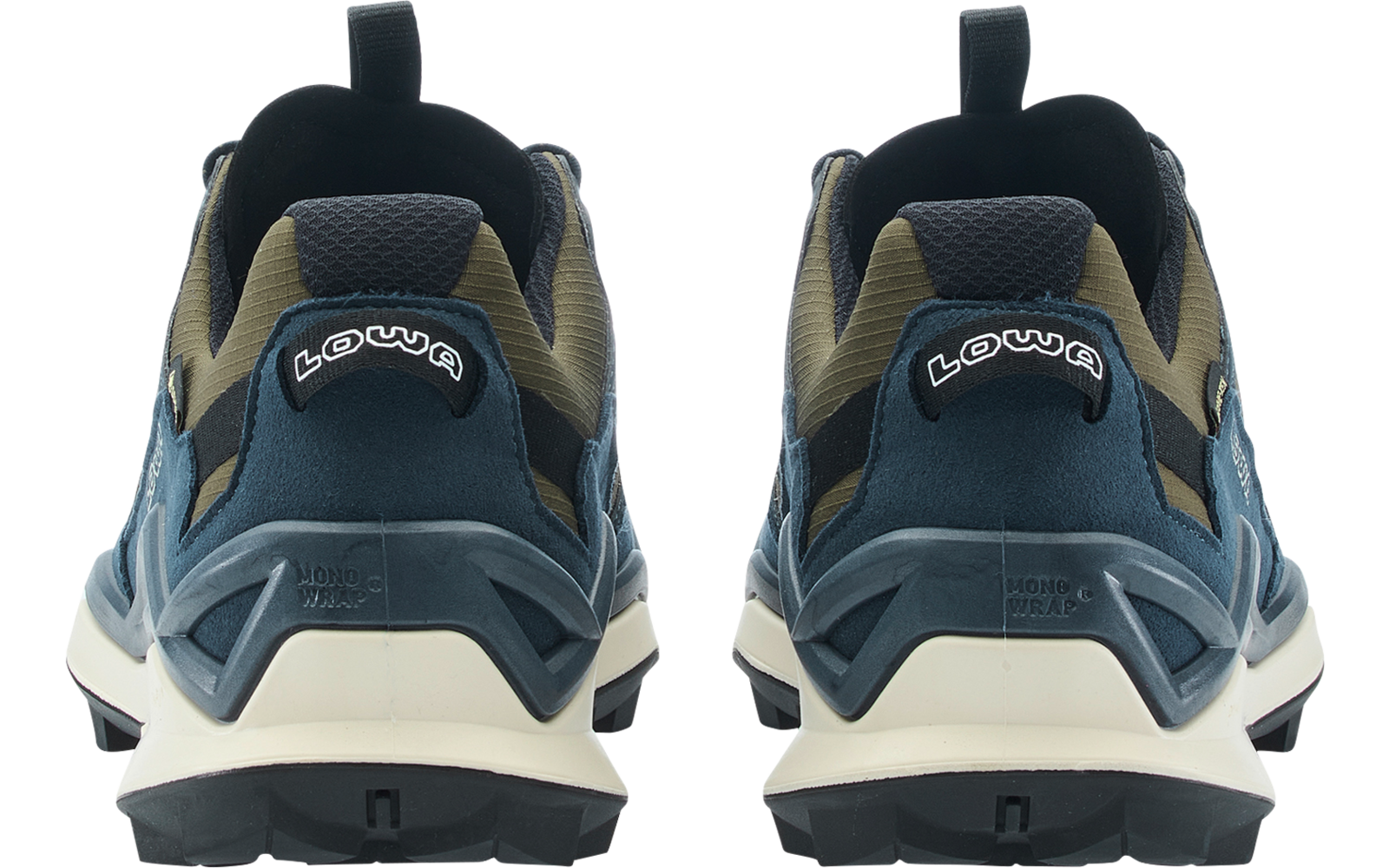 Rear view of two blue and olive-green shoes side by side on a white background, "LOWA" logo on the heels