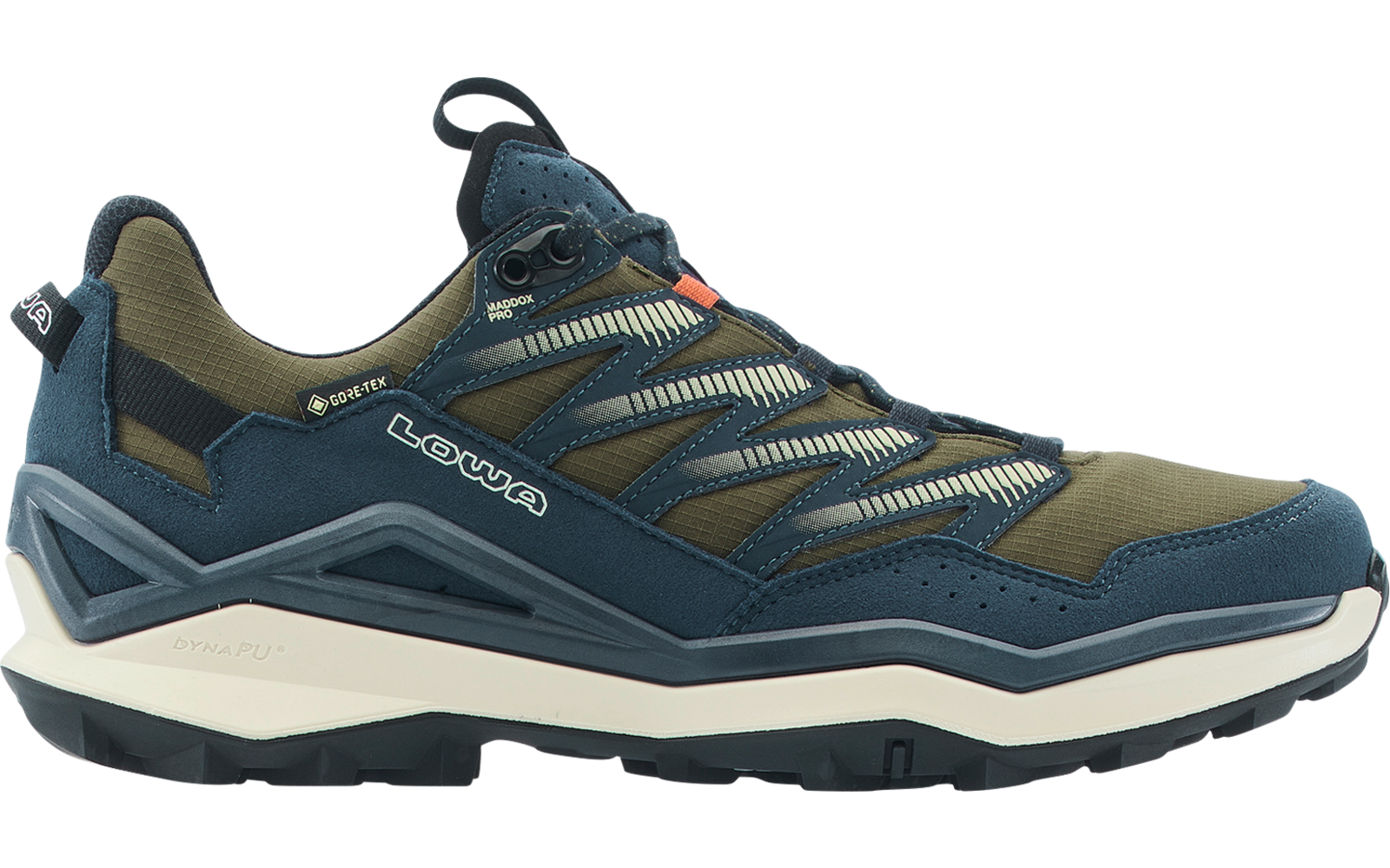 Side view of a blue and olive-green shoe with laces, textured rubber sole and white LOWA logo on the side