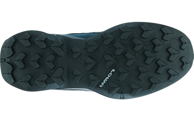 Bottom of a shoe sole, dark tread with lugged pattern and a white Salomon logo in the center