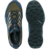 Shoe seen from above (upper with laces) and the same shoe's sole from below; upper blue and olive green, white stripes, orange accents, black tread sole with LOWA logo
