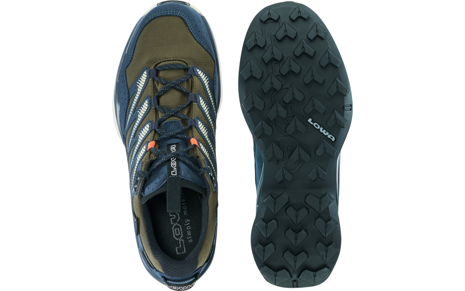 Shoe seen from above (upper with laces) and the same shoe's sole from below; upper blue and olive green, white stripes, orange accents, black tread sole with LOWA logo
