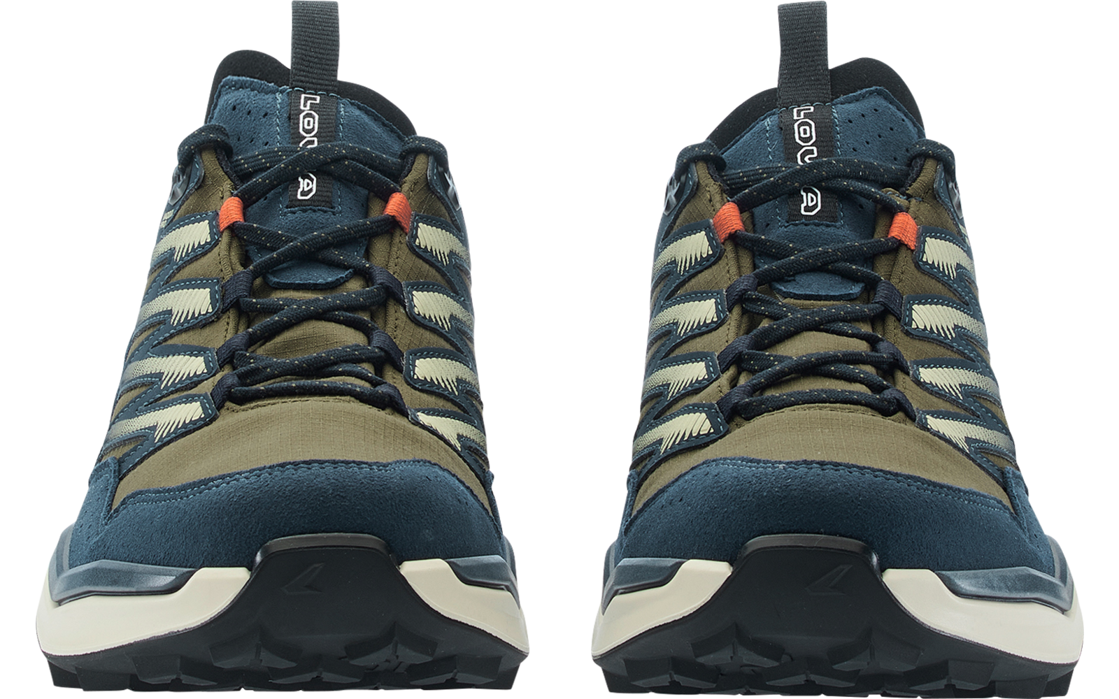 Two blue and olive-green shoes, front view, black laces with orange eyelets, white midsoles and black treaded outsoles