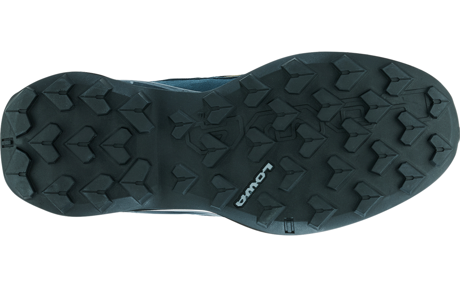 Bottom of a shoe sole, dark tread with lugged pattern and a white Salomon logo in the center