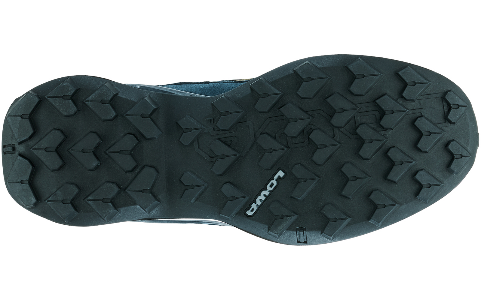 Unterseite einer Schuhsohle, dunkles Profil mit stollenähnlichem Muster und weißes Salomon-Logo in der Mitte