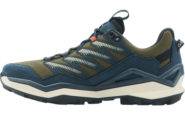 Side view of a single dark blue and olive green lace-up shoe with a light beige midsole, black outsole, visible overlays, textile and synthetic materials, laces and heel pull tab