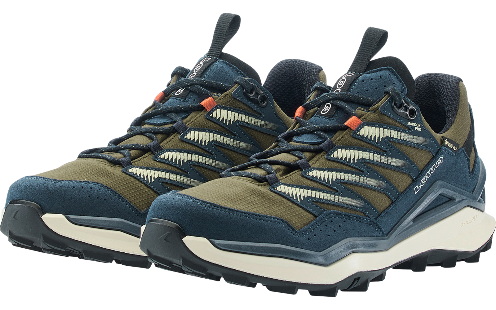 Pair of dark blue and olive sports shoes side by side, slightly offset, with laces, light-colored midsole and black outsole