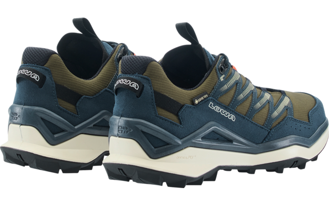 Pair of low hiking shoes in blue and olive green, rear-side view, white midsoles and black lugged outsoles