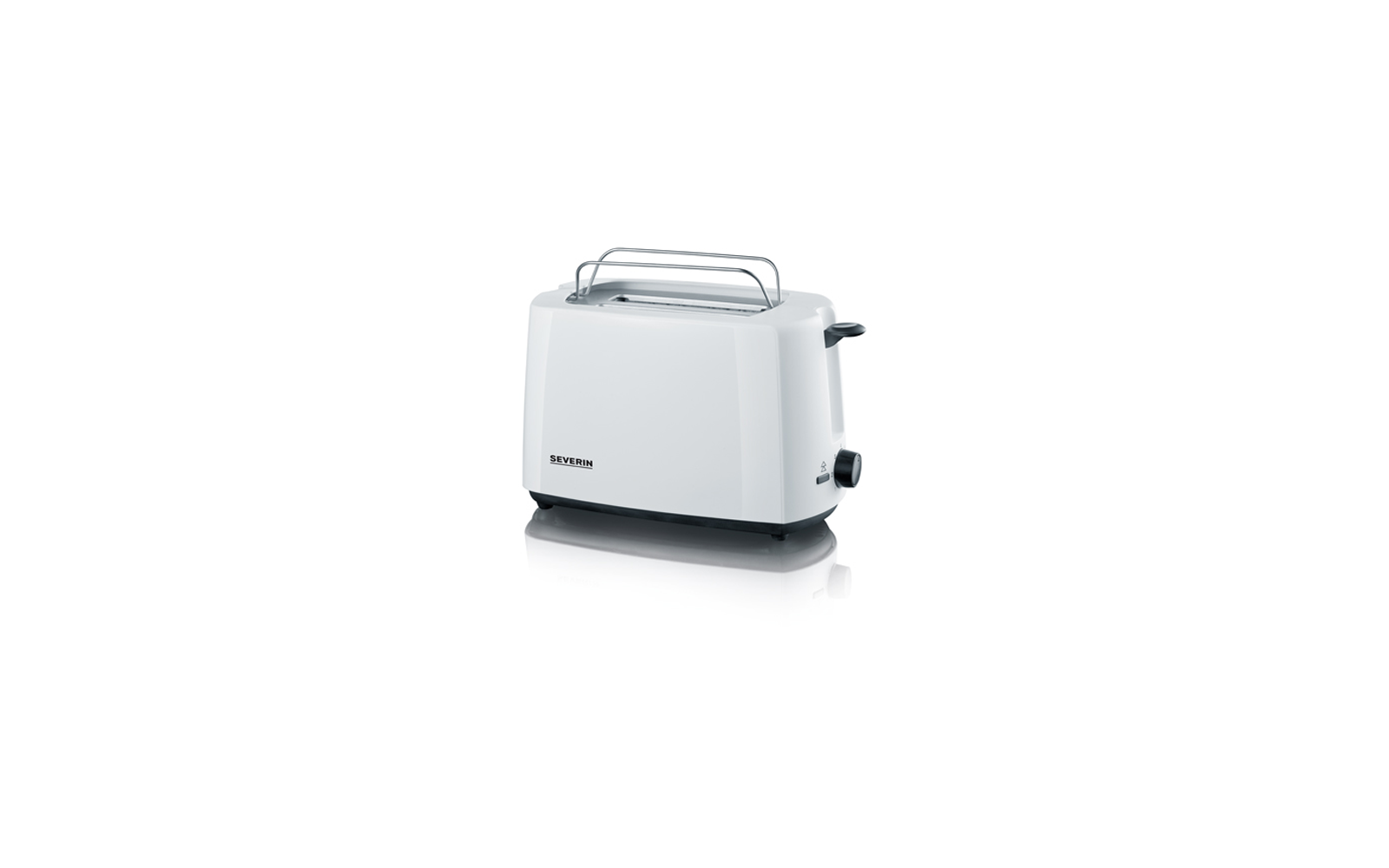 Weißer Toaster mit Metallauflage, seitlichem Drehknopf und Markenaufdruck "SEVERIN" auf weißem Hintergrund