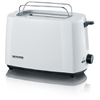 Weißer Toaster mit Metallauflage, seitlichem Drehknopf und Markenaufdruck "SEVERIN" auf weißem Hintergrund