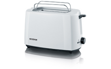 Weißer Toaster mit Metallauflage, seitlichem Drehknopf und Markenaufdruck "SEVERIN" auf weißem Hintergrund