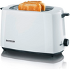 Weißer Zweischeiben-Toaster mit zwei sichtbaren Toastscheiben, Schriftzug 'SEVERIN' vorne und schwarzer Drehregler rechts