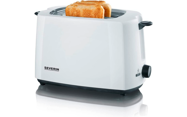 Weißer Zweischeiben-Toaster mit zwei sichtbaren Toastscheiben, Schriftzug 'SEVERIN' vorne und schwarzer Drehregler rechts