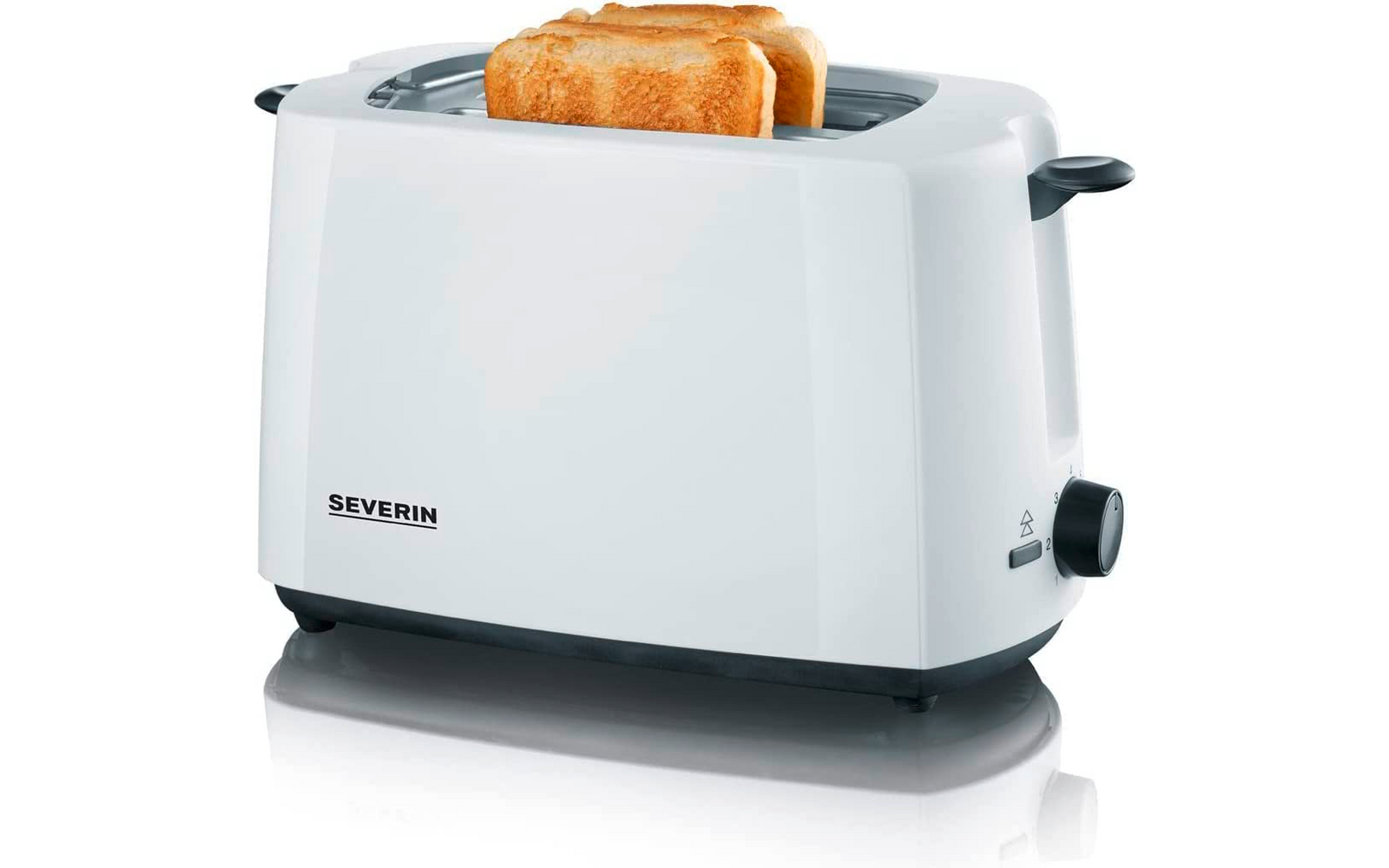 Weißer Zweischeiben-Toaster mit zwei sichtbaren Toastscheiben, Schriftzug 'SEVERIN' vorne und schwarzer Drehregler rechts