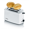 Weißer Toaster mit zwei Brötchen auf einem Metallaufsatz
