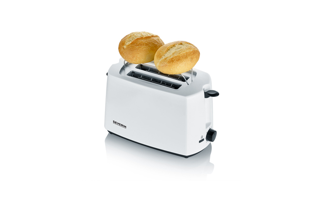 Weißer Toaster mit zwei Brötchen auf einem Metallaufsatz