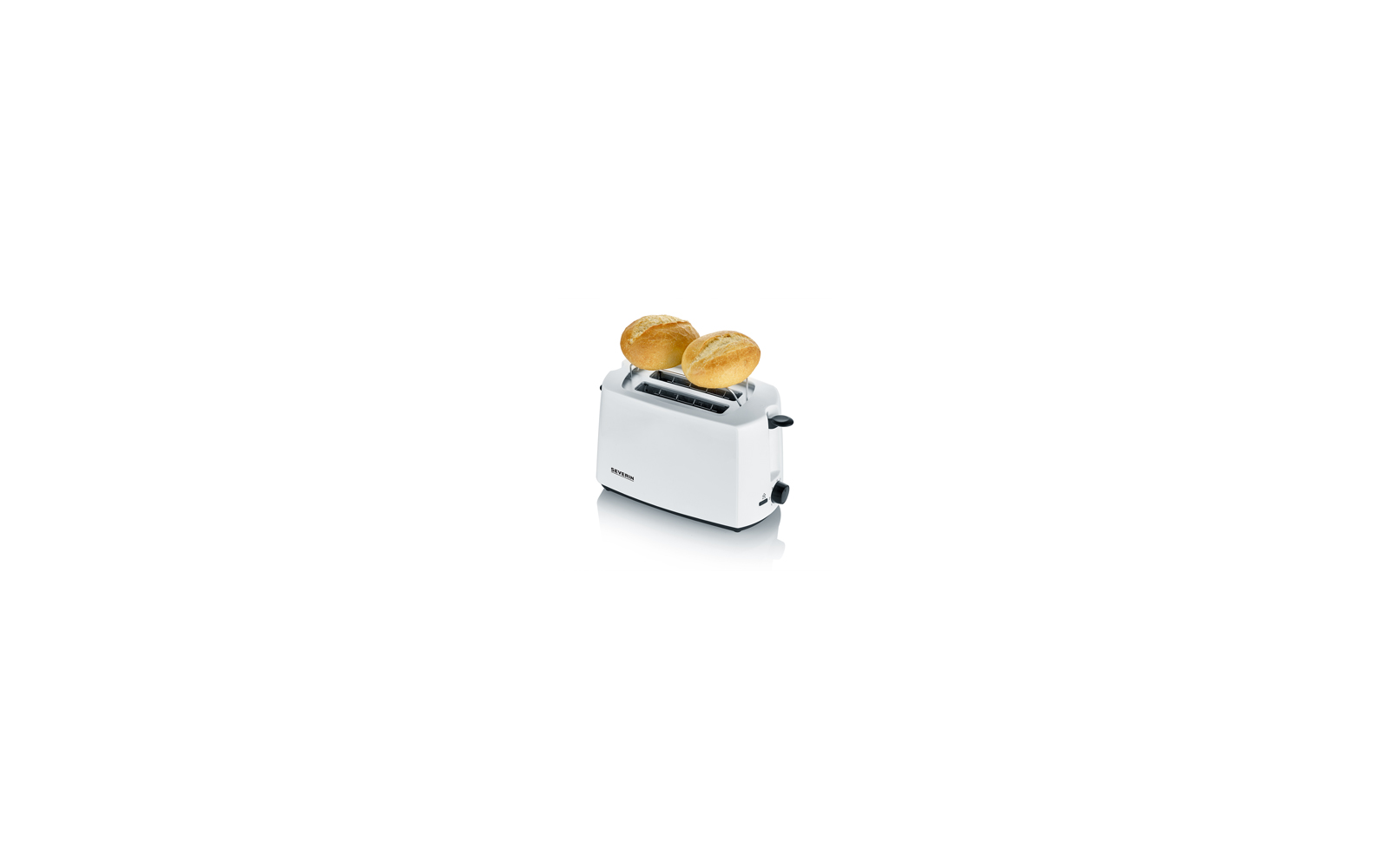 Weißer Toaster mit zwei Brötchen auf einem Metallaufsatz