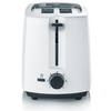 Weißer Toaster mit zwei Schlitzen, mittigem Hebel und Drehknopf mit Zahlen 1-6