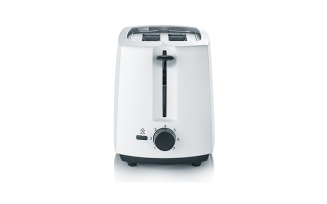 Weißer Toaster mit zwei Schlitzen, mittigem Hebel und Drehknopf mit Zahlen 1-6