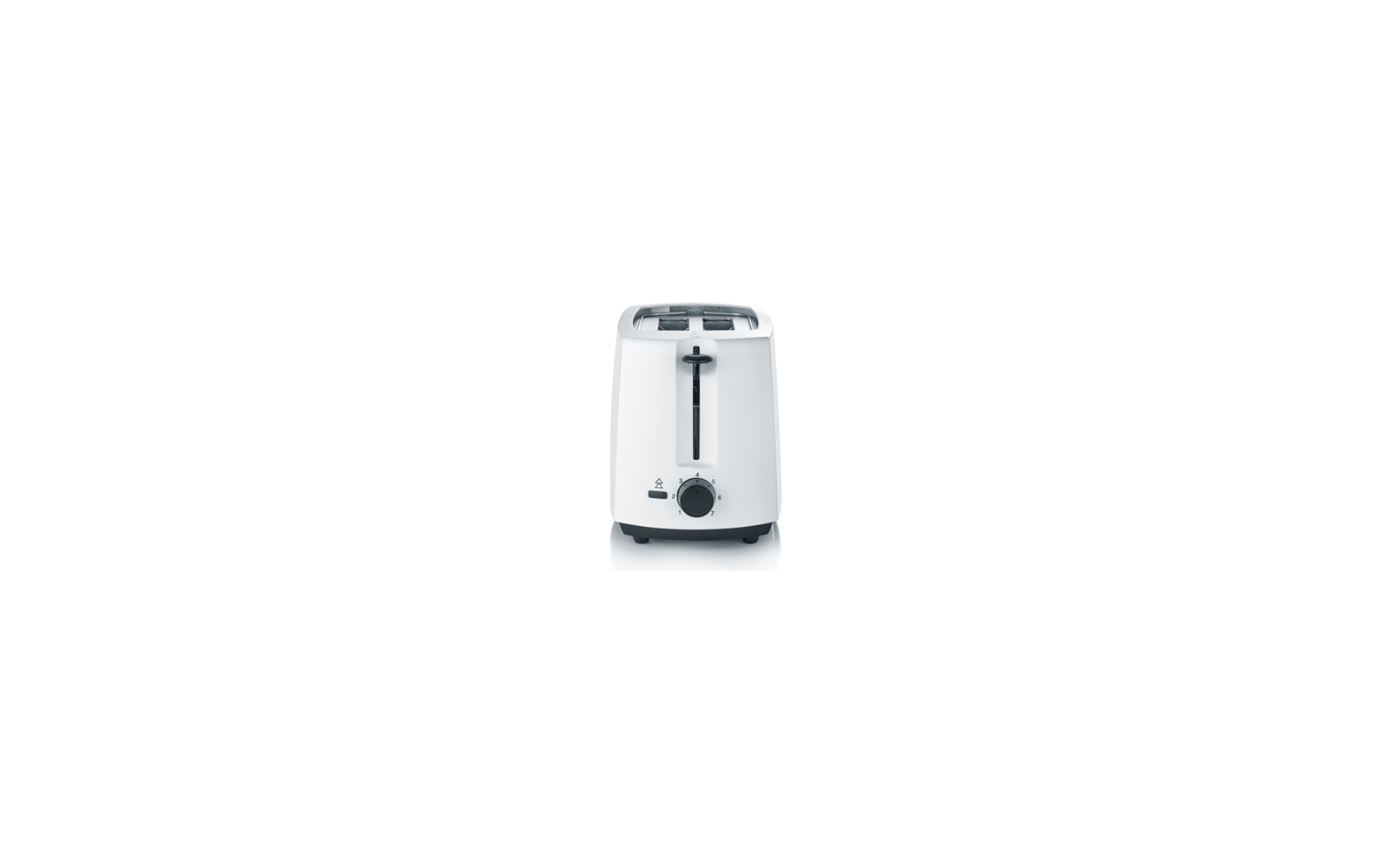 Weißer Toaster mit zwei Schlitzen, mittigem Hebel und Drehknopf mit Zahlen 1-6