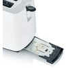 Weißer Toaster mit herausgezogenem Krümelfach, sichtbaren Krümeln und schwarzem Griff