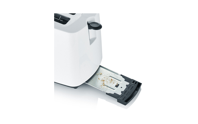 Weißer Toaster mit herausgezogenem Krümelfach, sichtbaren Krümeln und schwarzem Griff
