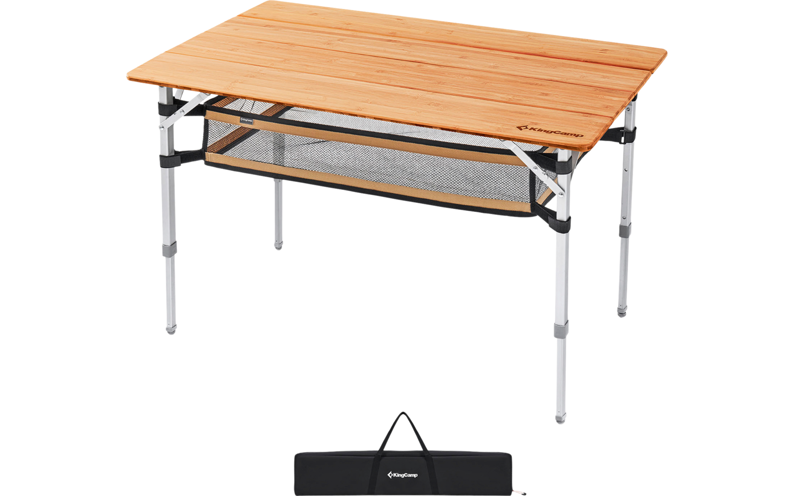 Table de camping pliante avec plateau en bois, pieds réglables, rangement en filet dessous, sac de transport noir devant