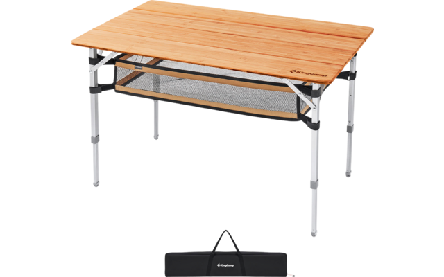 Table de camping pliante avec plateau en bois, pieds réglables, rangement en filet dessous, sac de transport noir devant