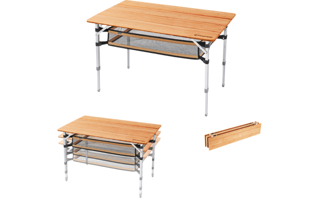 Un bureau réglable en hauteur avec un plateau en bois et un cadre gris, présenté en deux tailles avec une bande de bois séparée