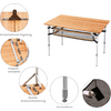Table pliante avec plateau en bois et cadre en métal, vues détaillées de la serrure de sécurité, bouton-poussoir, pieds antidérapants et sangle de transport enroulée