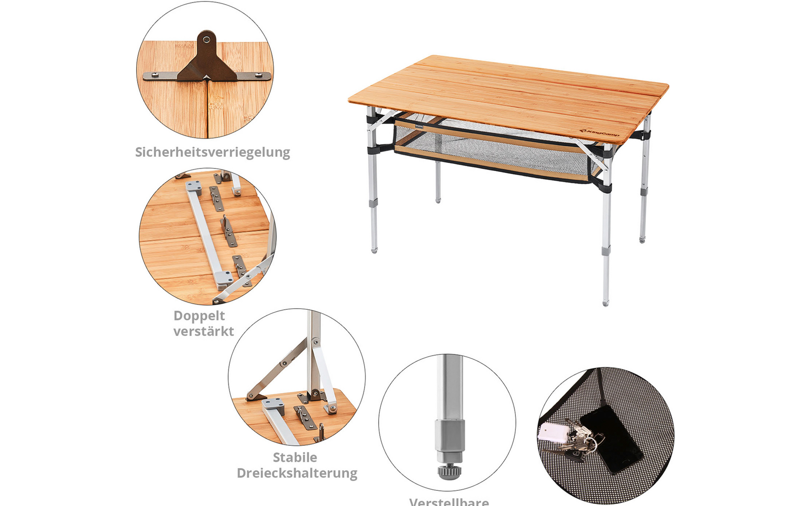 Table pliante avec plateau en bois et cadre en métal, vues détaillées de la serrure de sécurité, bouton-poussoir, pieds antidérapants et sangle de transport enroulée