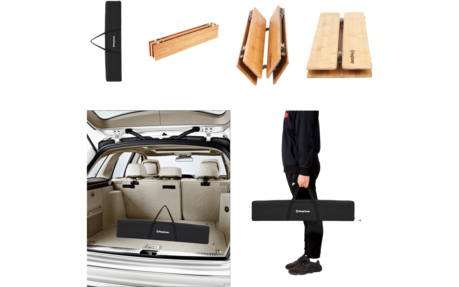 Trois planches en bois, une pince, un coffre de voiture ouvert et une personne portant un sac noir