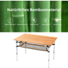 Petite table en bambou avec pieds en métal devant un fond vert avec texte blanc