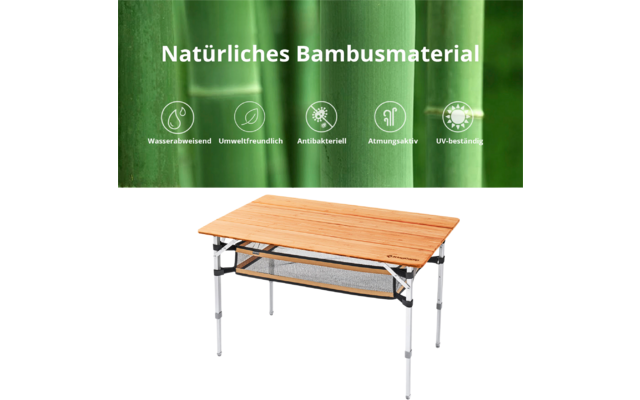 Petite table en bambou avec pieds en métal devant un fond vert avec texte blanc