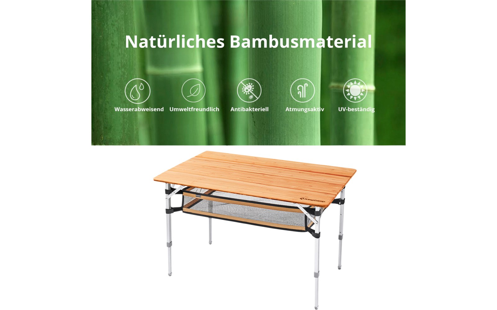 Petite table en bambou avec pieds en métal devant un fond vert avec texte blanc