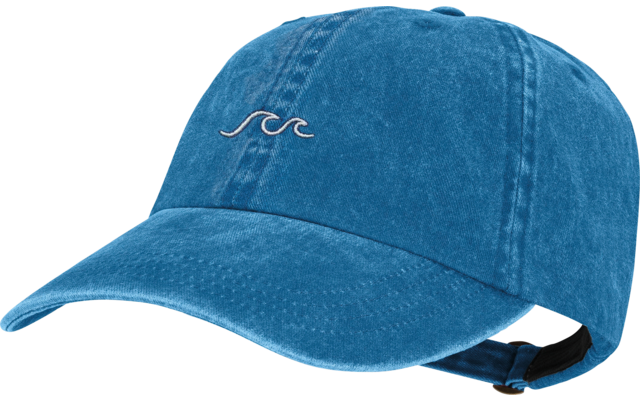 Blauwe denim baseballpet met gebogen klep, kleine witte geborduurde golf op de voorkant en zwarte verstelbare band achterop