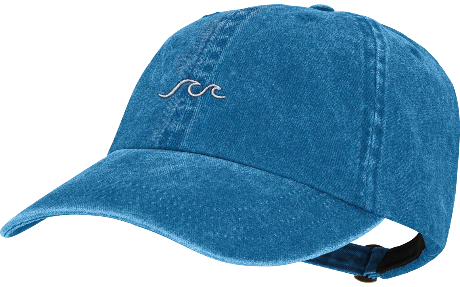 Blauwe denim baseballpet met gebogen klep, kleine witte geborduurde golf op de voorkant en zwarte verstelbare band achterop