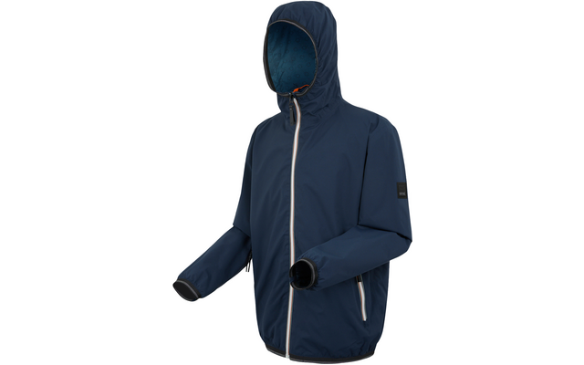 Dunkelblaue Kapuzenjacke mit weißem Reißverschluss vorne, seitlichen Reißverschlusstaschen, langen Ärmeln und kleinem schwarzem Aufnäher am Ärmel; Kapuzeninnenfutter gemustert