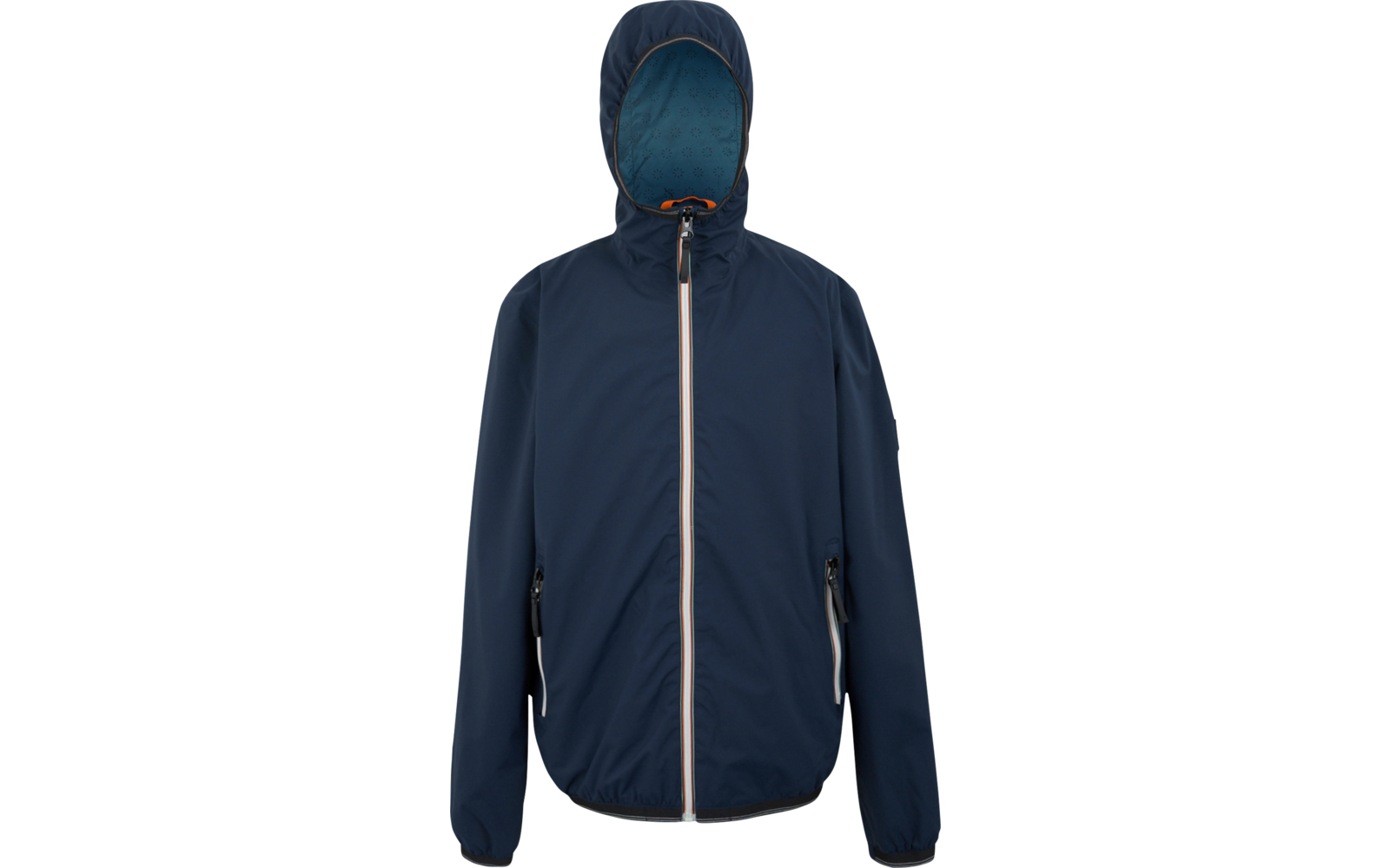 Marineblaue Kapuzenjacke mit durchgehendem Reißverschluss, zwei Reißverschlusstaschen und in der Kapuze sichtbarem türkis gemustertem Futter