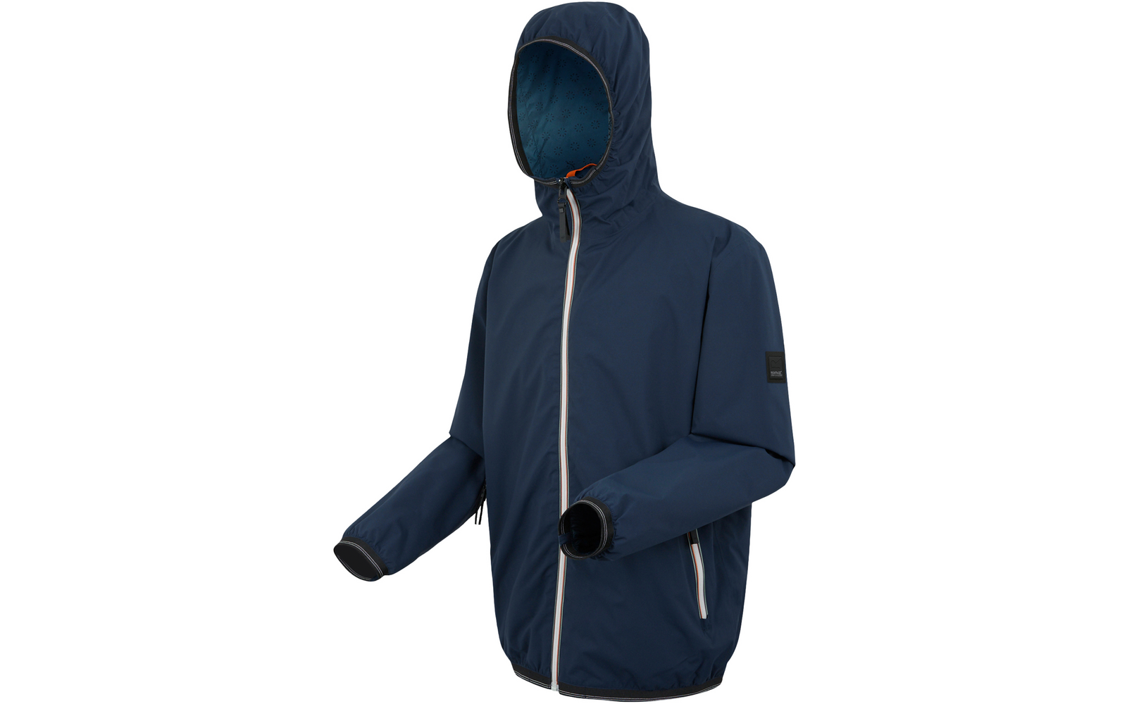 Dunkelblaue Kapuzenjacke mit weißem Reißverschluss vorne, seitlichen Reißverschlusstaschen, langen Ärmeln und kleinem schwarzem Aufnäher am Ärmel; Kapuzeninnenfutter gemustert